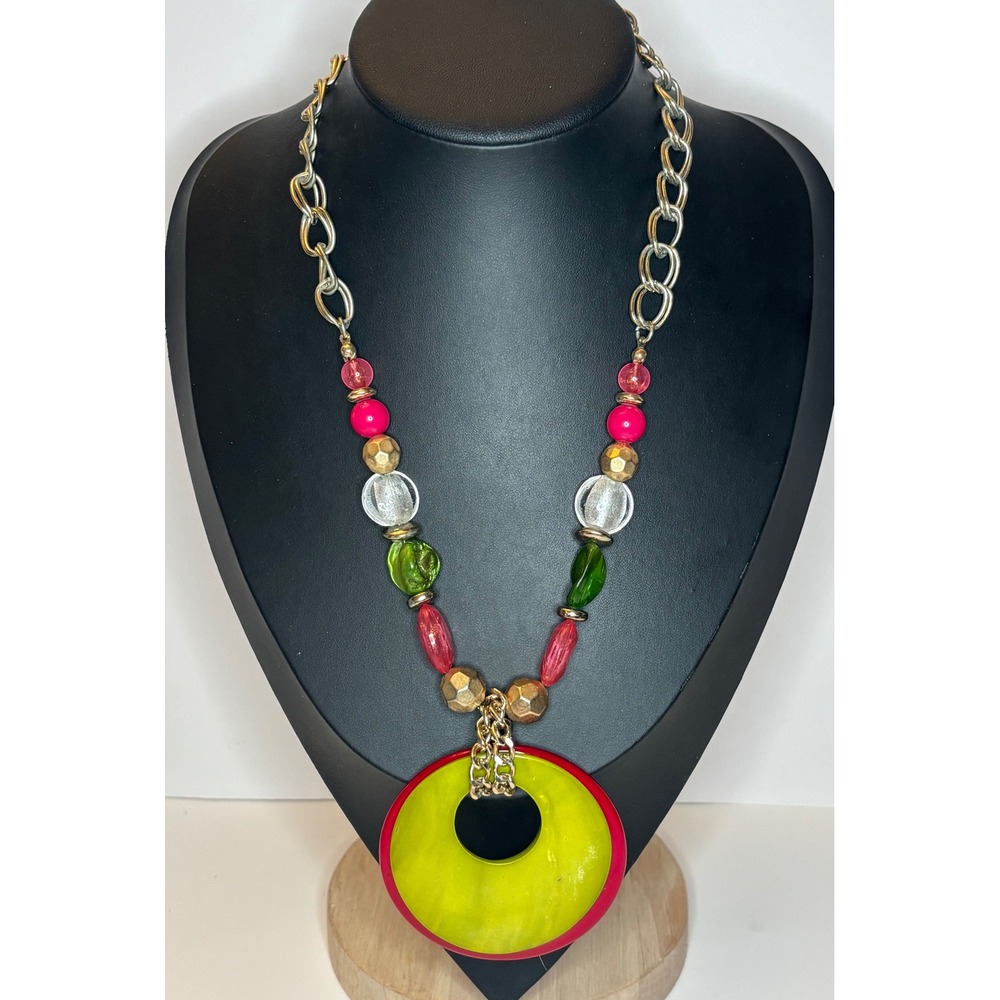Ruby Rd Vintage Watermelon Statement Necklace Pink Green Gold Tone Resin 21 Inch
